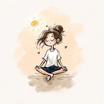A loose, expressive cartoon illustration featuring a girl in Lotus Pose, drawn with slightly imperfect, energetic lines.