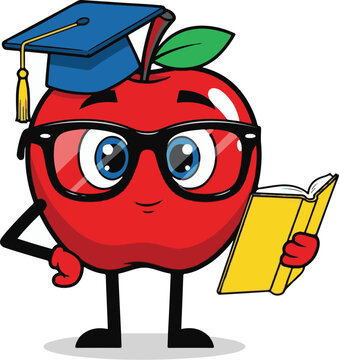 Smart Apple Cartoon Character with Graduation Cap and Book