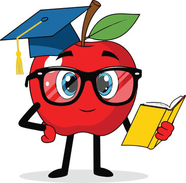 Smart Apple Cartoon Character with Graduation Cap and Book