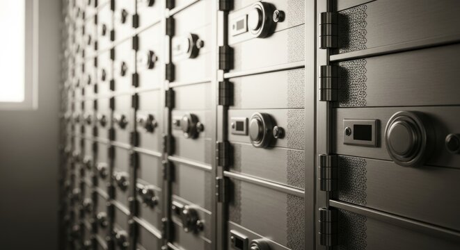 Metallic Safe Deposit Boxes in Secure Vault, Bank Security