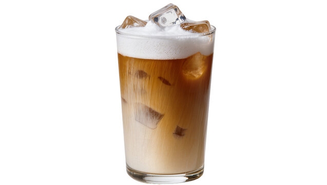 Tall glass of iced latte with milk foam and ice cubes, isolated on transparent background