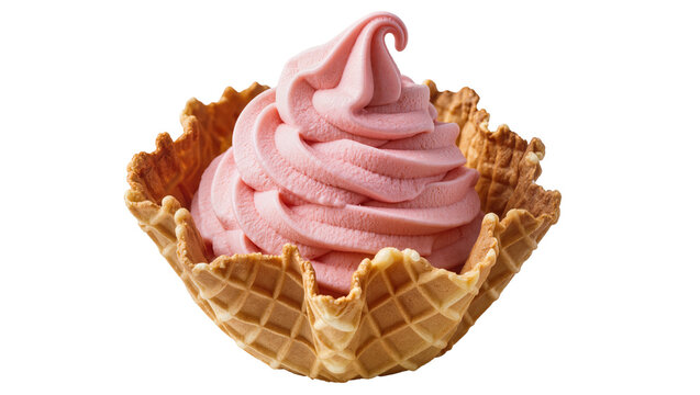 Swirled pink strawberry soft serve ice cream in a waffle cone bowl, isolated on transparent background