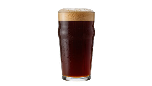 Dark brown ale beer with thick foamy head, isolated on transparent background