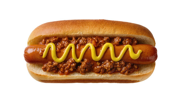 Hearty chili dog with mustard squiggle, isolated on transparent background