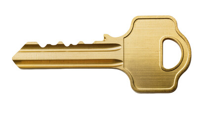 Shiny brass house key with detailed cuts, isolated on transparent background © Bogdan