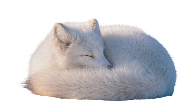 Sleeping arctic fox curled up in a ball, isolated on transparent background