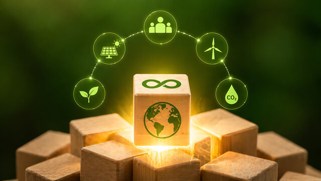 Glowing wooden cube showing earth and infinity signs surrounded by environmental icons representing circular economy renewable energy sustainable development and corporate social responsibility