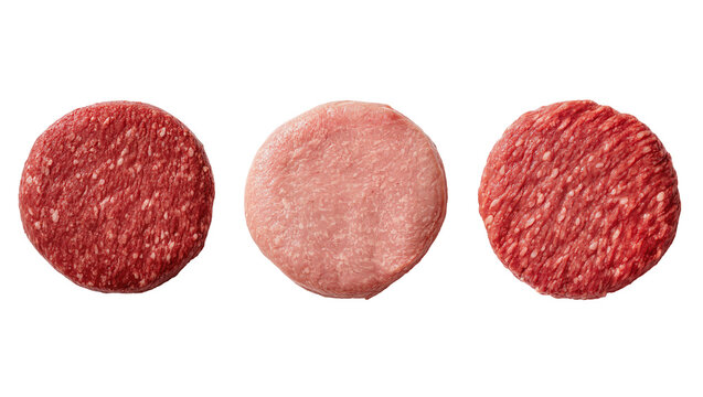 Three raw round burger patties two beef and one pork, isolated on transparent background