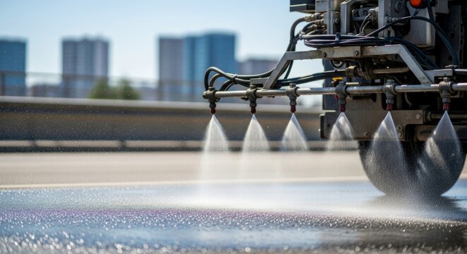 Road Sprayer Machine Cleaning City Street Under Sunlight