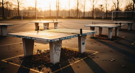 Obraz premium Outdoor ping pong tables at sunset, recreation ground