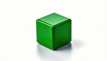 Fototapeta premium A Single Green Metallic Cube Object on a White Background.