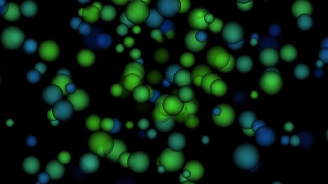 Fluorescent microscopic bubbles in dark blue liquid, glowing green particles, scientific research background