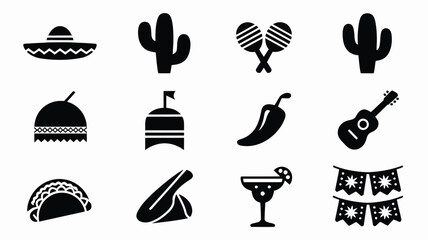 Mexican fiesta icon pack 12 black silhouette symbols for celebrations and culture © Suranjana