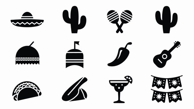 Mexican fiesta icon pack 12 black silhouette symbols for celebrations and culture