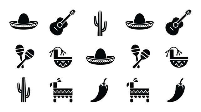Mexican fiesta elements icons set sombreros guitars cacti maracas and more on white background