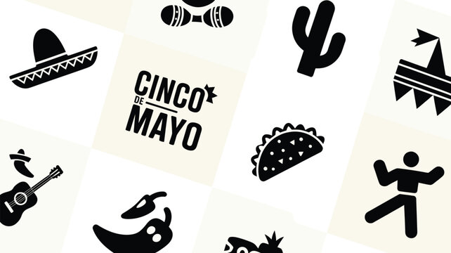 Cinco de mayo celebration vector illustration with sombrero taco cactus and music elements on beige background
