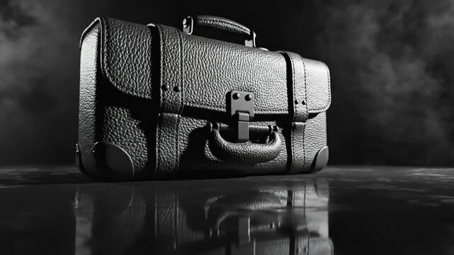 Black leather briefcase with clasp handle and straps resting on a dark reflective surface against a smoky backdrop