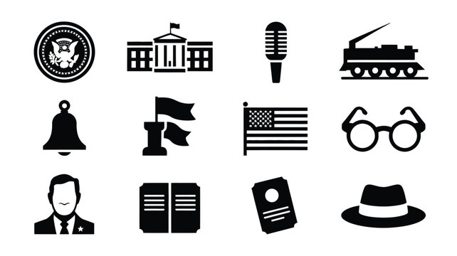 American symbols and objects vector icons set including government buildings flags and daily items on white background