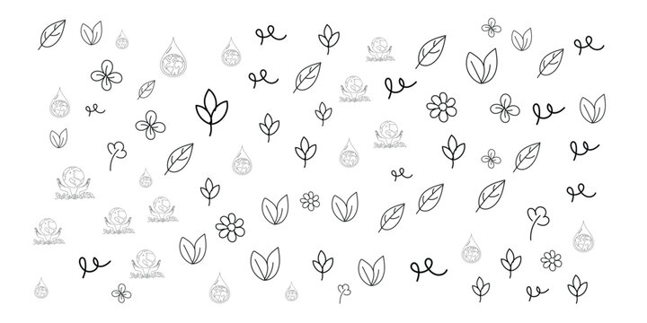 eco seamless pattern line art, environmental doodle repeat background with leaves earth and water drop, minimal nature texture
