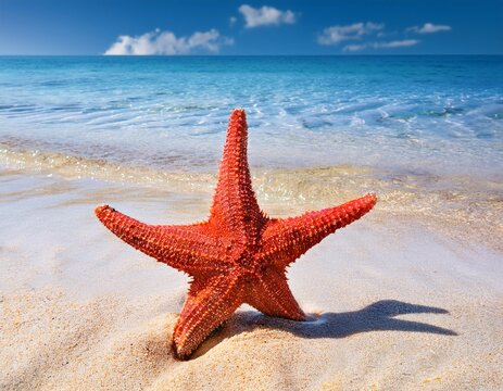 starfish on sandy beach in shallow sea bright starfish rests in sea water on beach red starfish on ocean shore beach with calm waters and soft sand sea star on tropical shoreline echinoderm