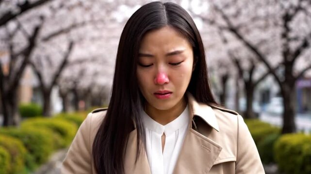 Asian woman experiencing allergy symptoms in a blooming cherry blossom park, sneezing and using a tissue while surrounded by vibrant spring flowers and greenery