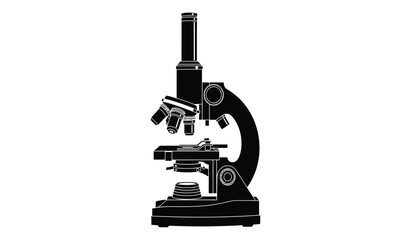 A detailed black silhouette of a classic laboratory microscope stands prominently against a stark white background silhouette high quality professional modern elegant stylish clean © rsvect02
