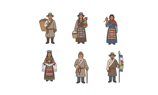 Tibetan people set in traditional clothing including chuba and aprons carrying prayer wheels prayer flags and baskets on white background