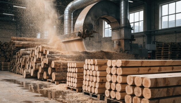 Industrial band saw line processing softwood logs capturing dynamic cutting action and stacks of uniform cants in a modern timber production facility.