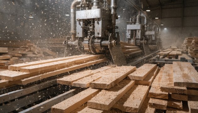 Medium shot of a fixed arbor lumber edging line showing machines meticulously straightening roughsawn boards after initial breakdown in a busy woodworking facility.