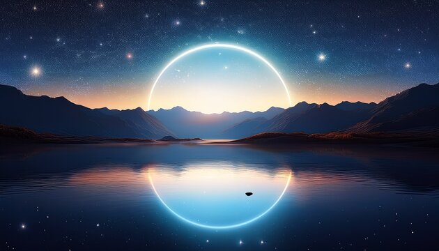 glowing circular light over mountainous landscape reflecting on calm water surface at night with stars