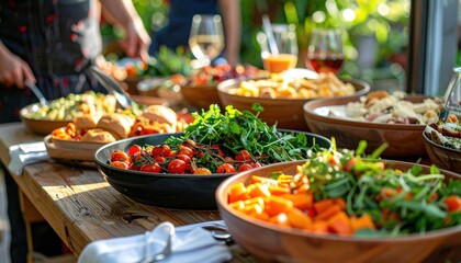 Fototapeta premium Abundant Buffet Spread of Fresh Salads and Appetizers Outdoors.
