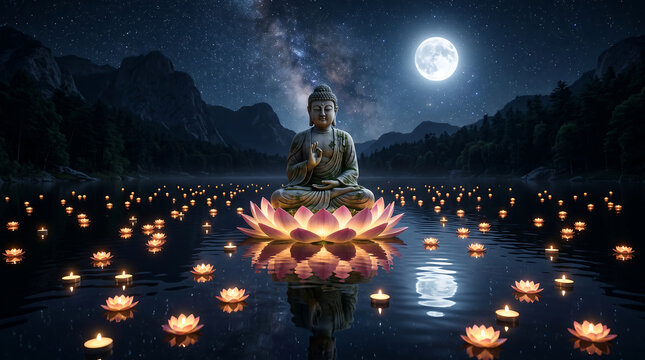 Serene Buddha by Moonlight with Floating Lotus Candles