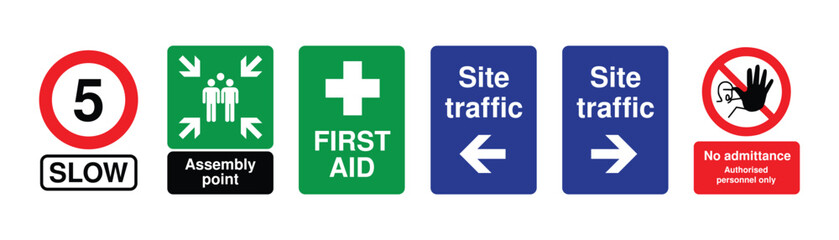 Fototapeta premium Construction Site Safety Signs Set with Speed Limit, Assembly Point, First Aid, Traffic Direction Arrows and No Admittance, Industrial Workplace Signage for Safety Compliance
