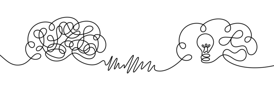 Mental chaos to idea concept tangled brain transforming into clear mind with light bulb one line drawing psychology illustration stress solving creativity thinking therapy recovery symbol art design