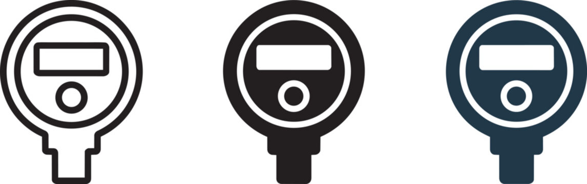 Pressure gauge manometer icons set showing measurement with digital display in outline and solid flat