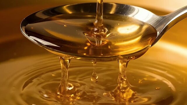 Golden oil pouring onto a metal spoon and overflowing, thick viscous liquid macro shot.