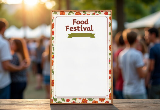 Food festival menu mockup outdoors, crowd blur