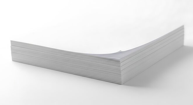A stack of blank white paper with a slight curl at the edge, ready for writing or printing documents, conveying a sense of potential and creativity for various tasks