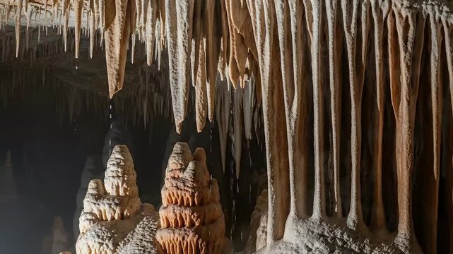 Intricate natural rock formations, stalactites hanging from ceiling and stalagmites rising from floor in a mysterious subterranean cave.