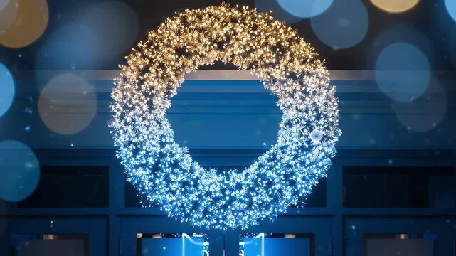 Large glowing decorative light ring in golden and blue colors, with festive bokeh lights in the background at night.