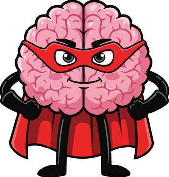 Cartoon Superhero Brain Mascot Character with Red Cape and Mask