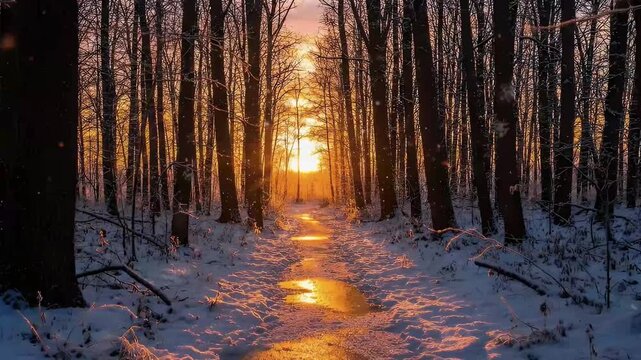 Scenic winter forest at sunset with orange light reflecting on snowy path, peaceful woodland landscape.