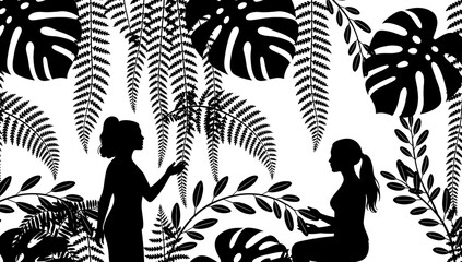 A striking black and white composition of tropical foliage. Ideal for adding an exotic touch to wellness, travel, or nature-inspired designs and layou © tordi