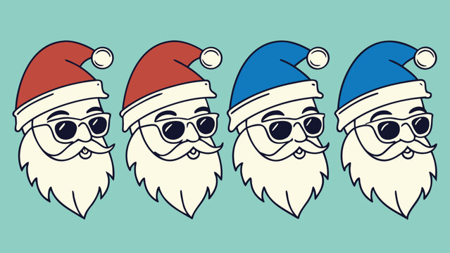 Vector illustration of cool santa claus heads wearing sunglasses with red and blue hats christmas celebration