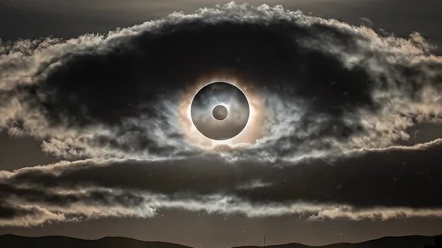 Solar eclipse with sun obscured by moon behind dark clouds, dramatic atmospheric celestial event in the sky.