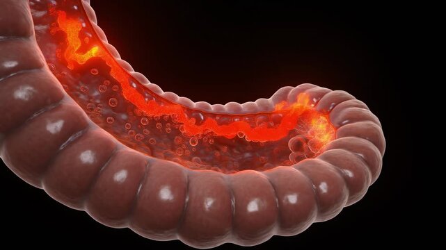 Human intestine with visible inflammation section isolated in anatomical view for medical education and healthcare materials illustrating digestive disorder and intestinal disease condition