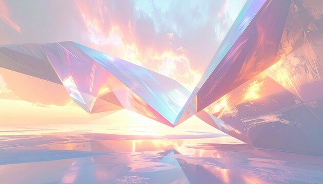 Abstract depiction of quantum superposition using shifting iridescent light and geometric crystalline shapes, visualizing complex physical concepts through artistic refraction.