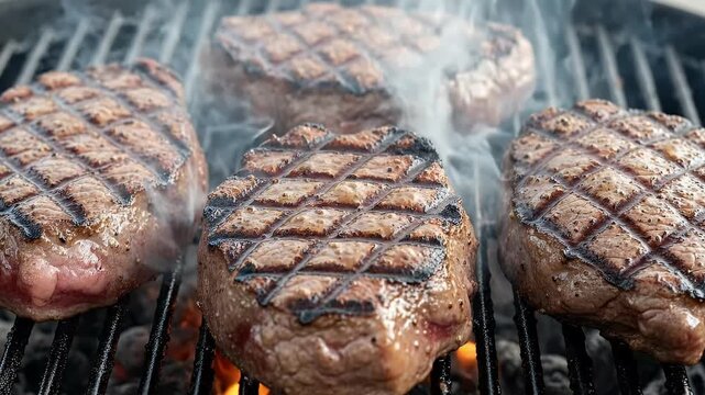 Thick beef steaks sizzling on a hot barbecue grill, with smoke rising and flames visible, perfect grill marks developing.
