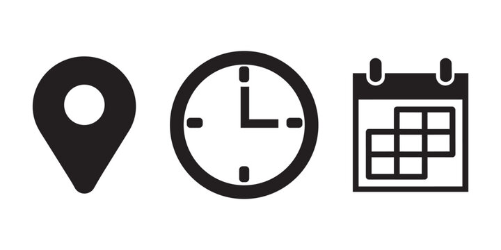 Location Time and Calendar Icon Set for Event Scheduling and Appointment Booking