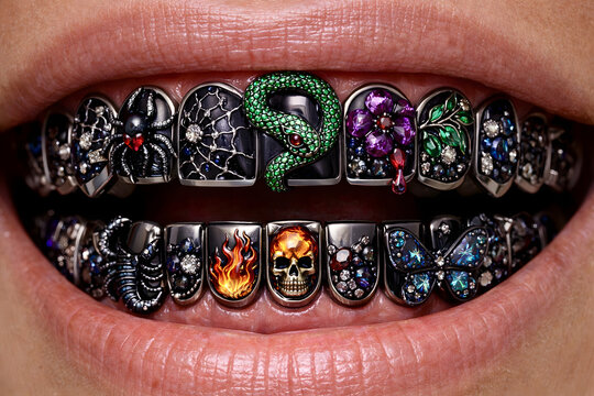 Close-up of decorative custom dental grillz featuring intricate gothic designs with snakes, spiders, skulls, and colorful gemstones.